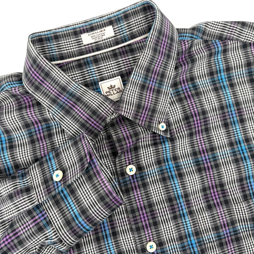 Peter Millar Mens XL Button Down Shirt Plaid Blue Purple Black White 100% Cotton
